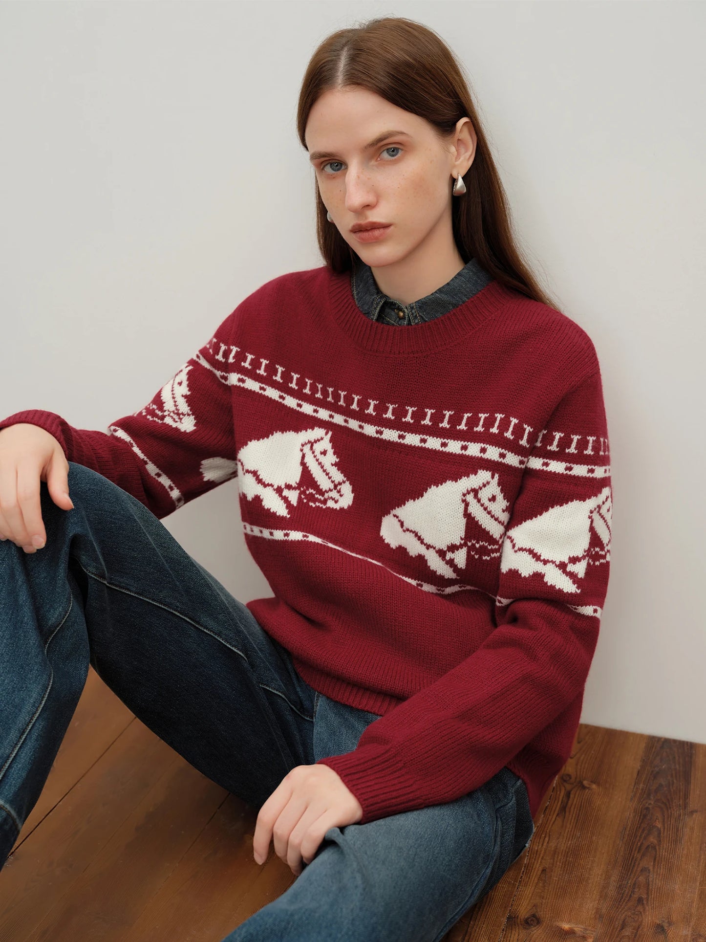 Red Horse Jacquard Crew Sweater