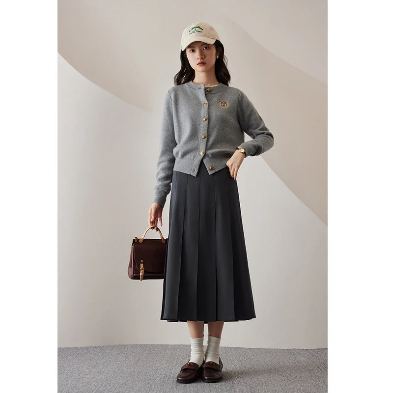 Solid High Waist Pleated Midi Skirt