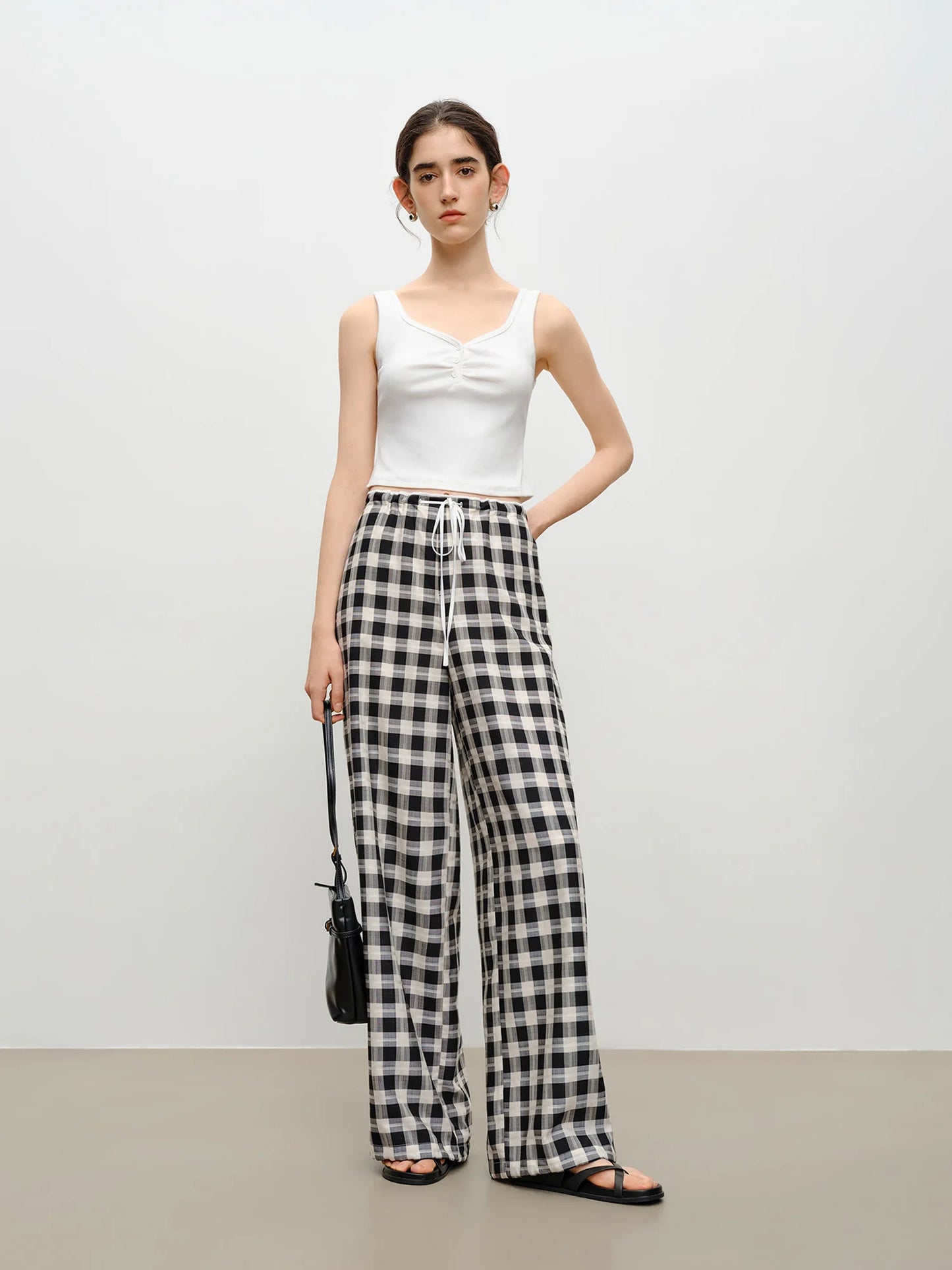 Black Plaid Drawstring Wide Pants