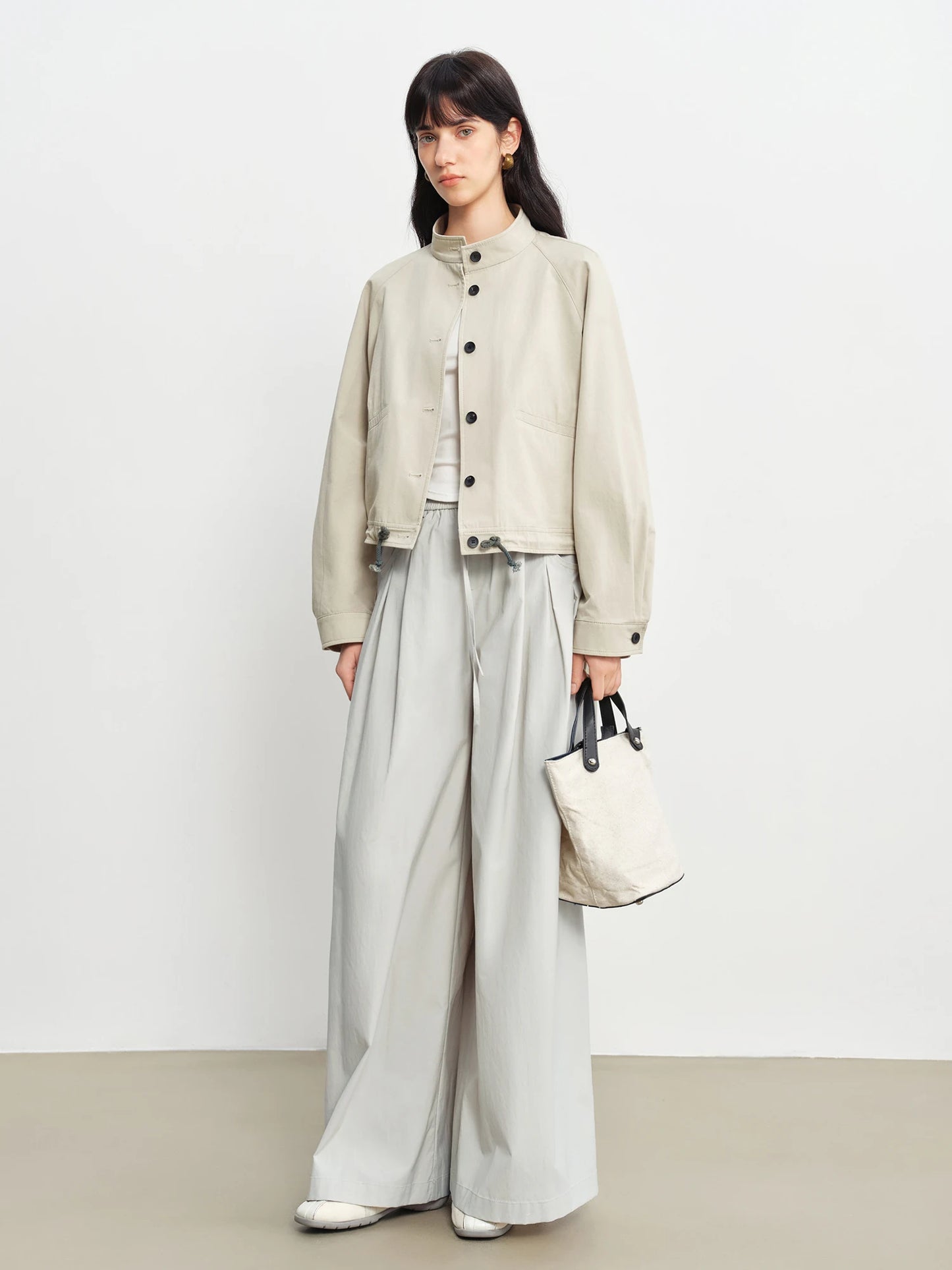Khaki Pleated Drawstring Wide Pants