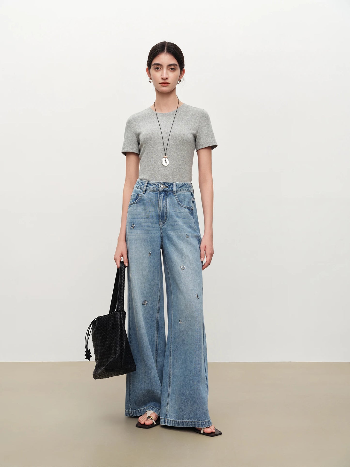 Light Blue Embroidered Wide Jeans