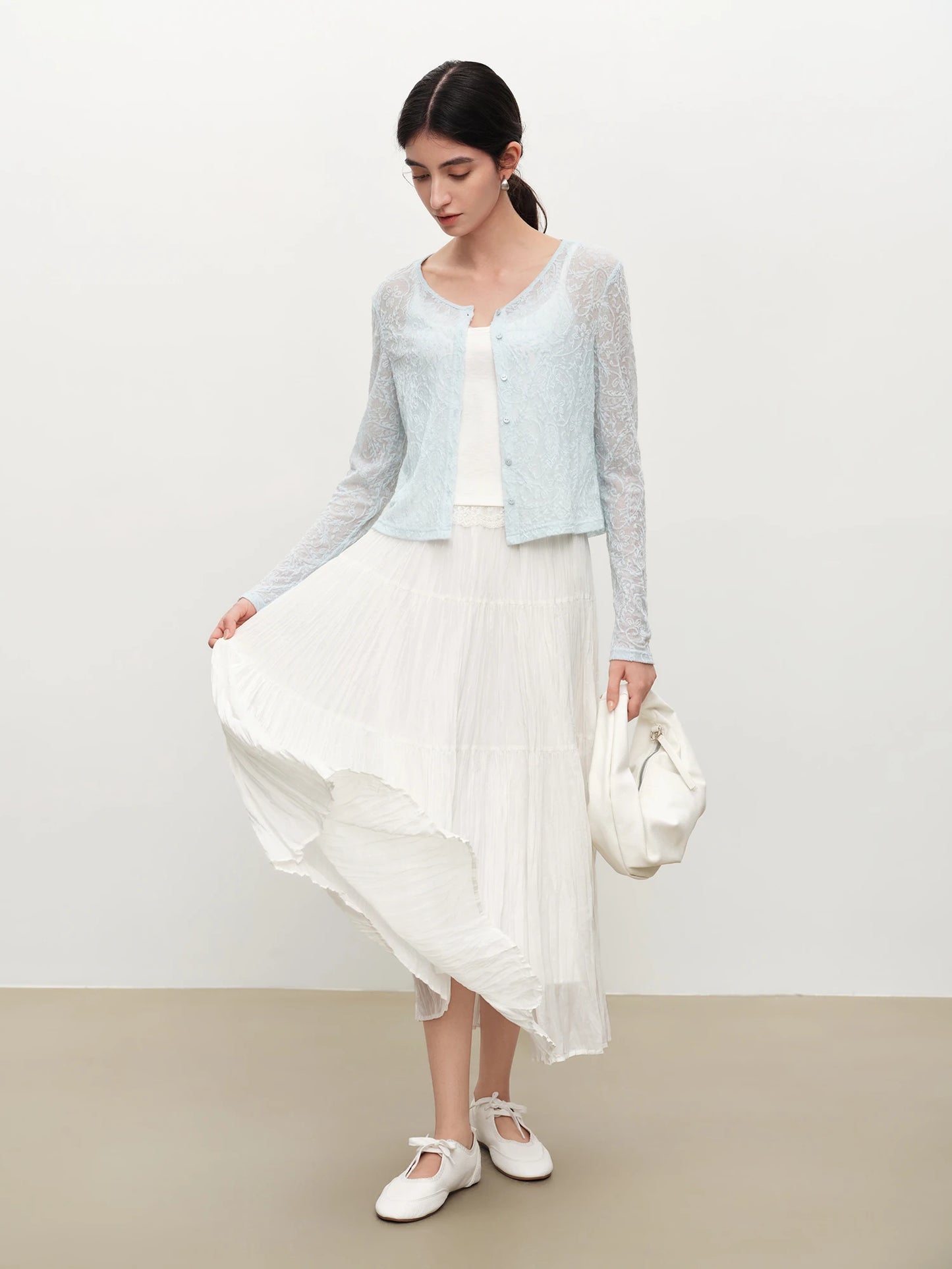 White Crinkled Tiered Maxi Skirt