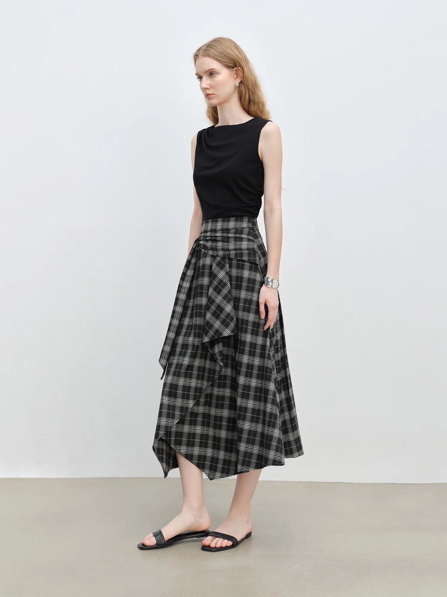Plaid Asymmetric Draped Midi Skirt