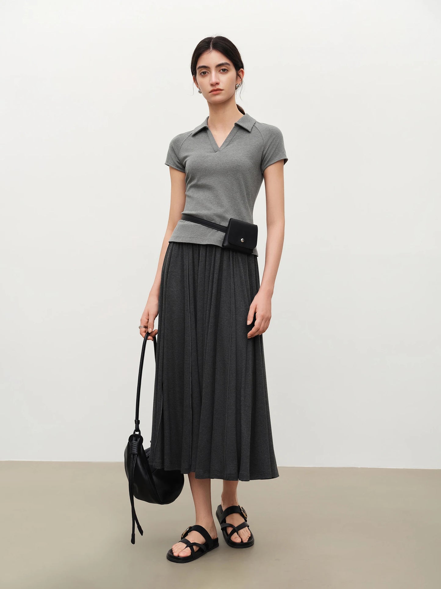 Charcoal Pleated Knit Midi Skirt