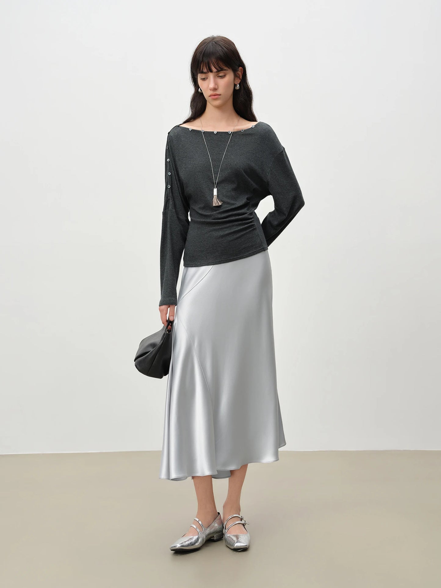 Satin Asymmetric A-Line Midi Skirt