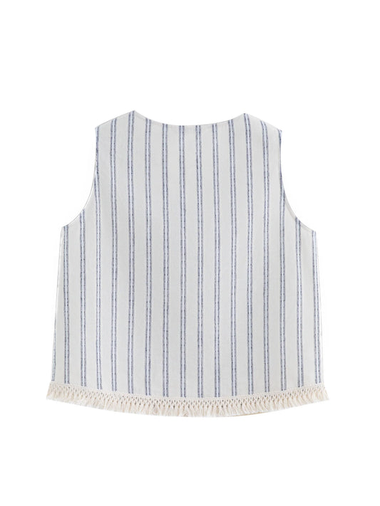 White Striped Sleeveless Linen Top