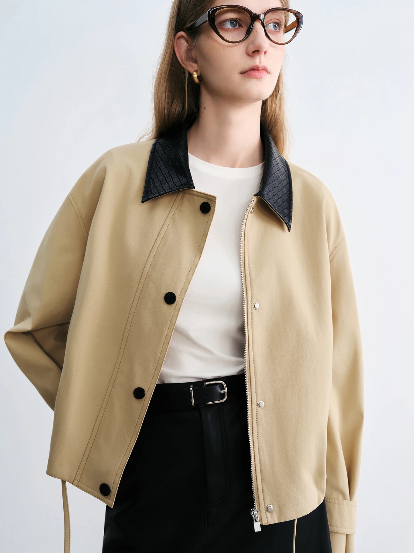 Camel Contrast Collar Short Jacket