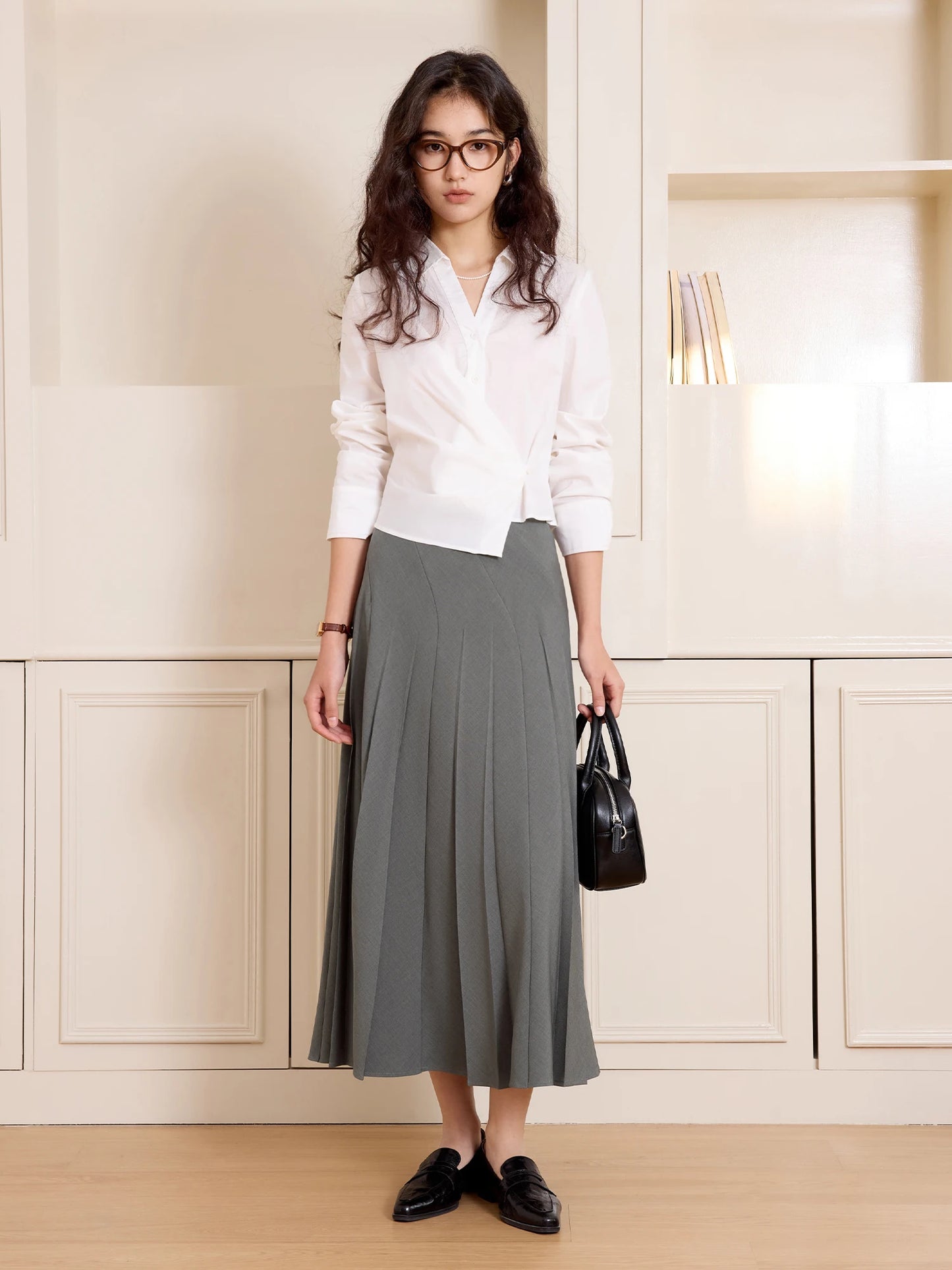 Grey Twill Pleated A-Line Skirt