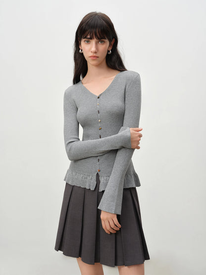 Beige Flounce Hem Knit Cardigan