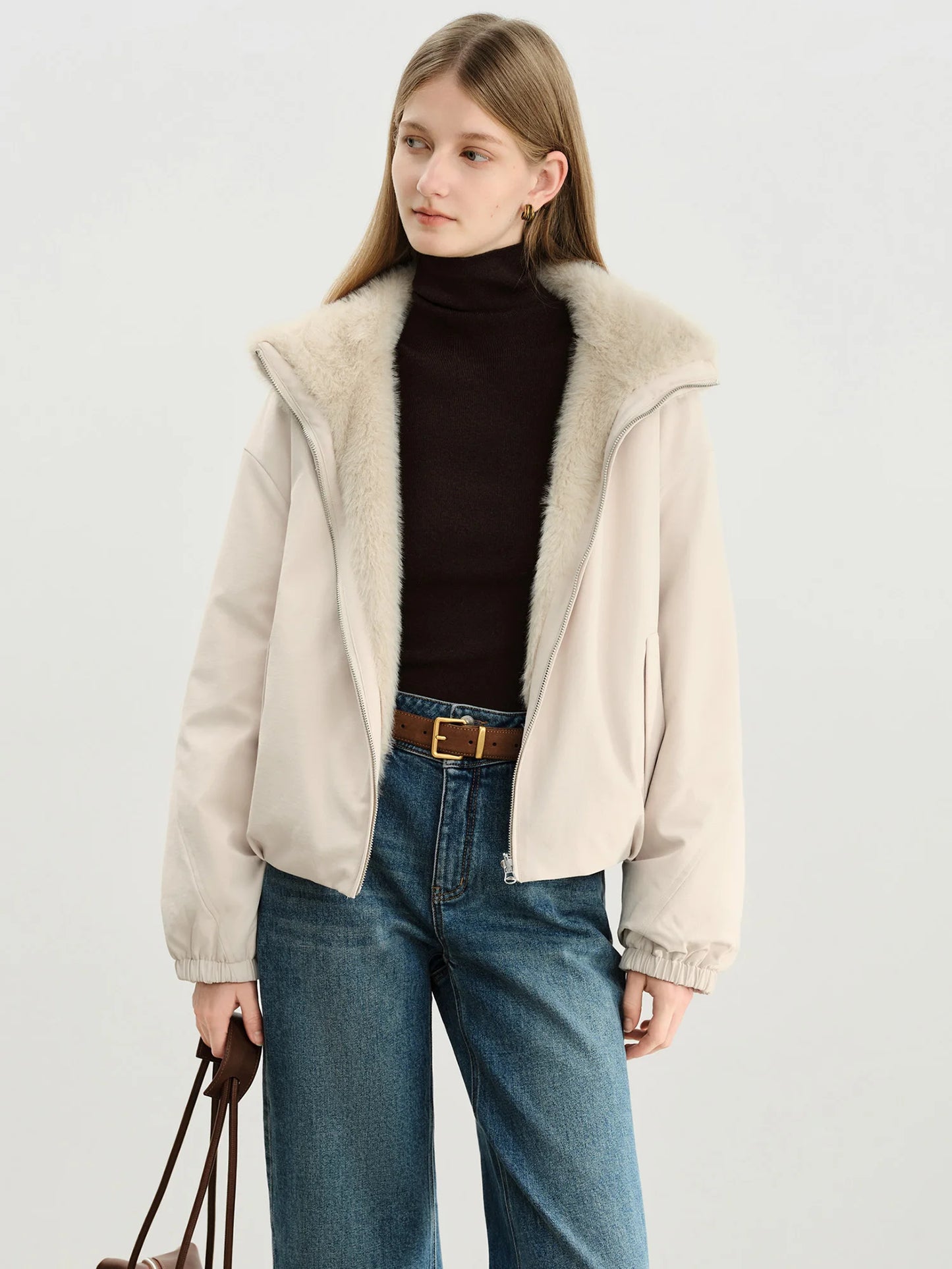 Ivory Fur Collar Bomber Jacket