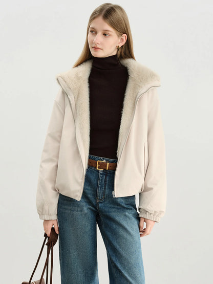 Ivory Fur Collar Bomber Jacket