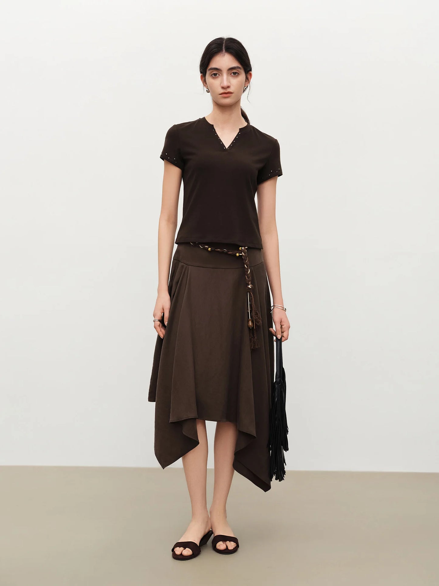 Draped Asymmetric A-Line Midi Skirt