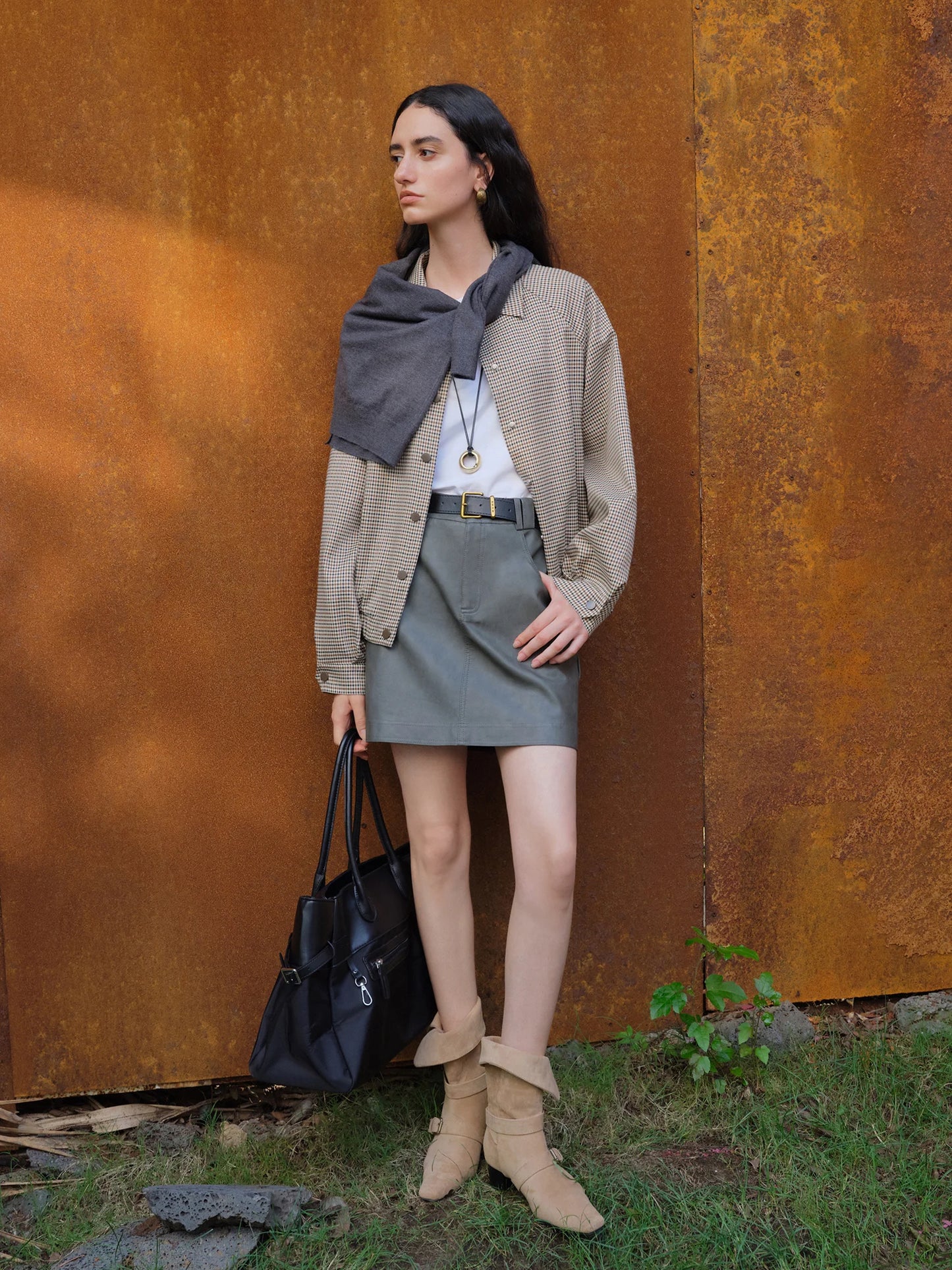 Houndstooth Pleated Hem Jacket