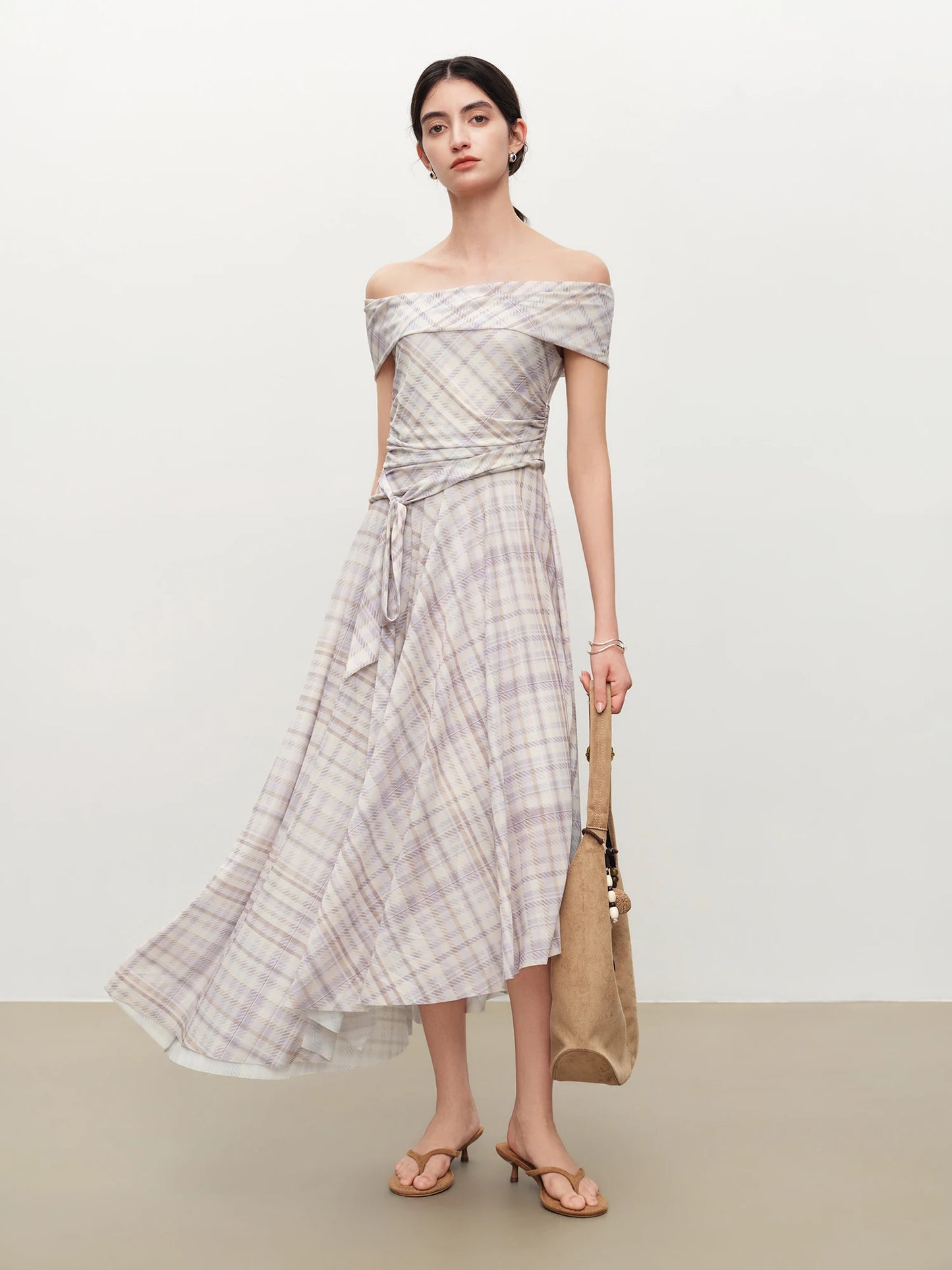 Plaid One Shoulder Midi Dress