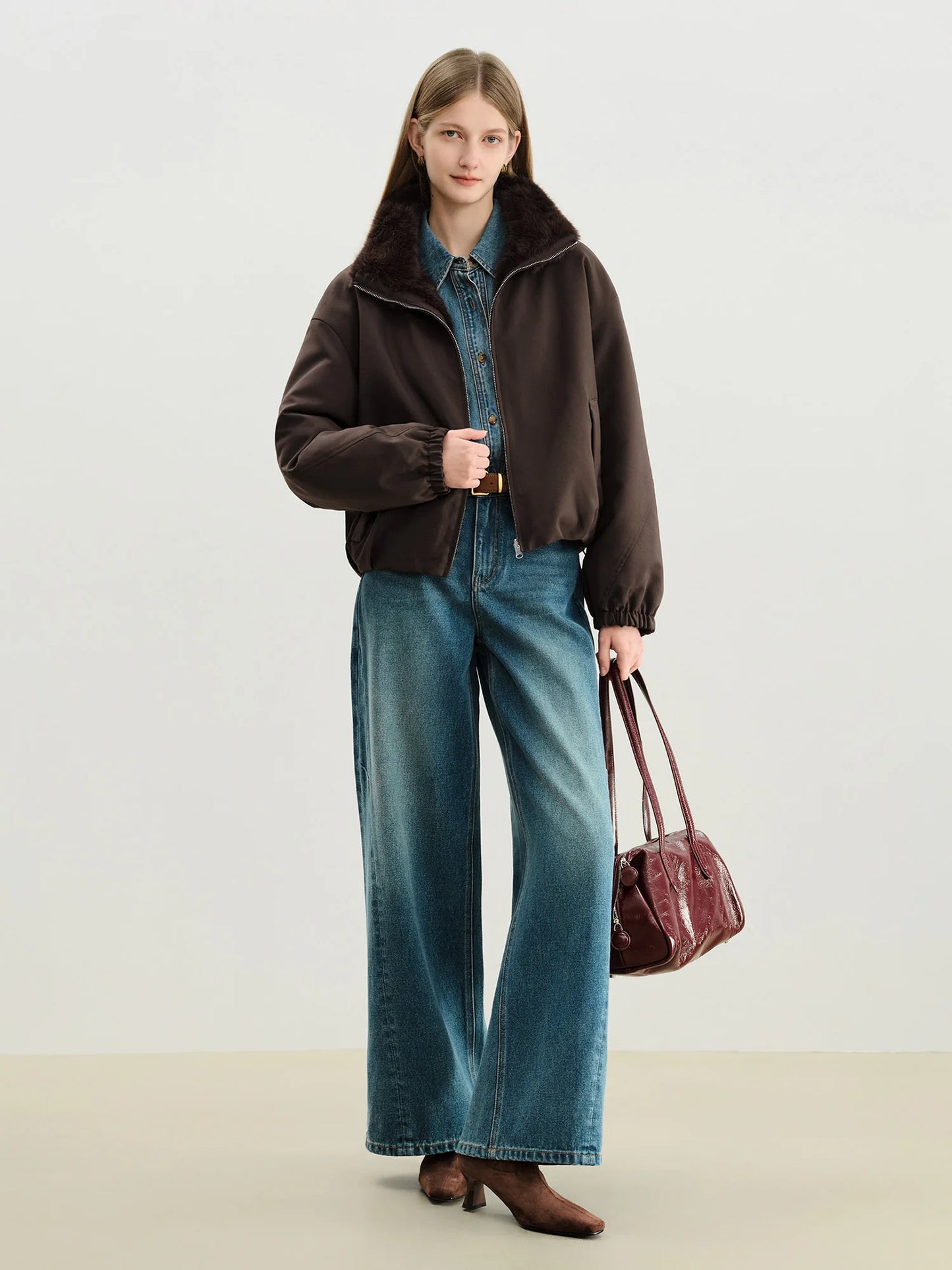 Ivory Fur Collar Bomber Jacket
