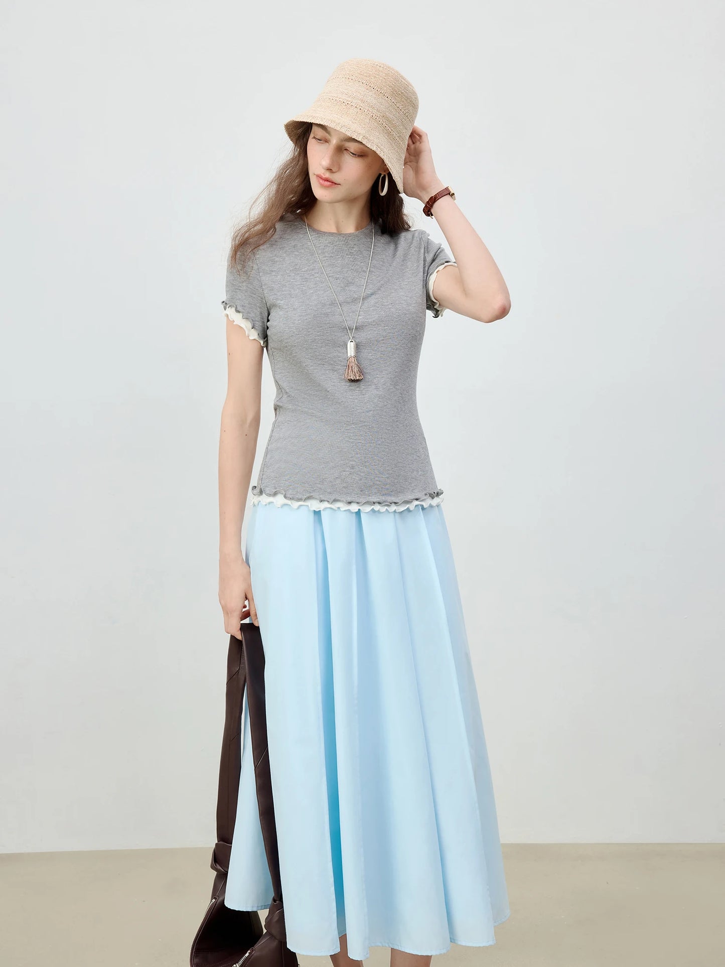 Brown Ruffle Trim Layered Tee