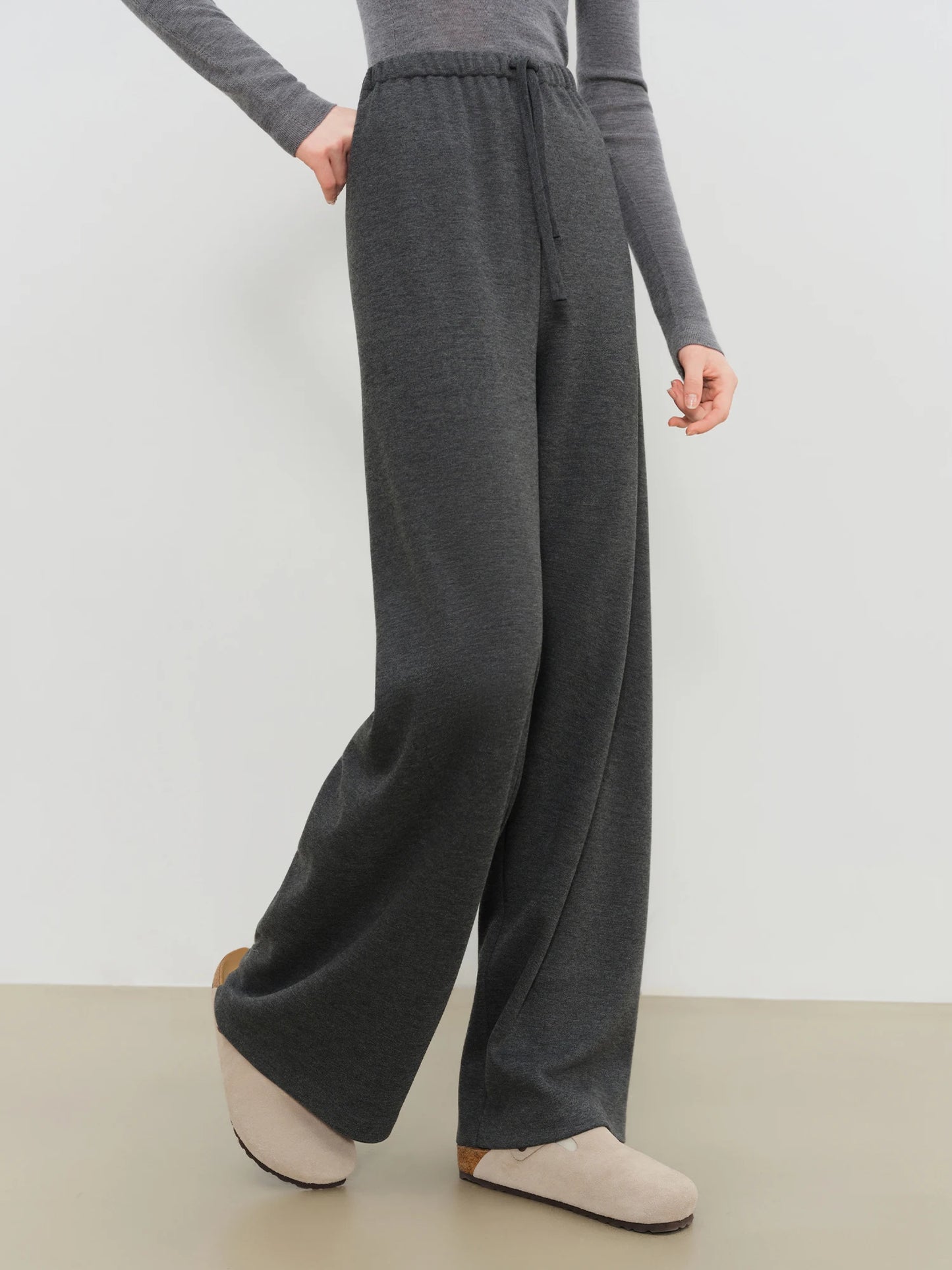 Black Wool Blend Wide Leg Pants