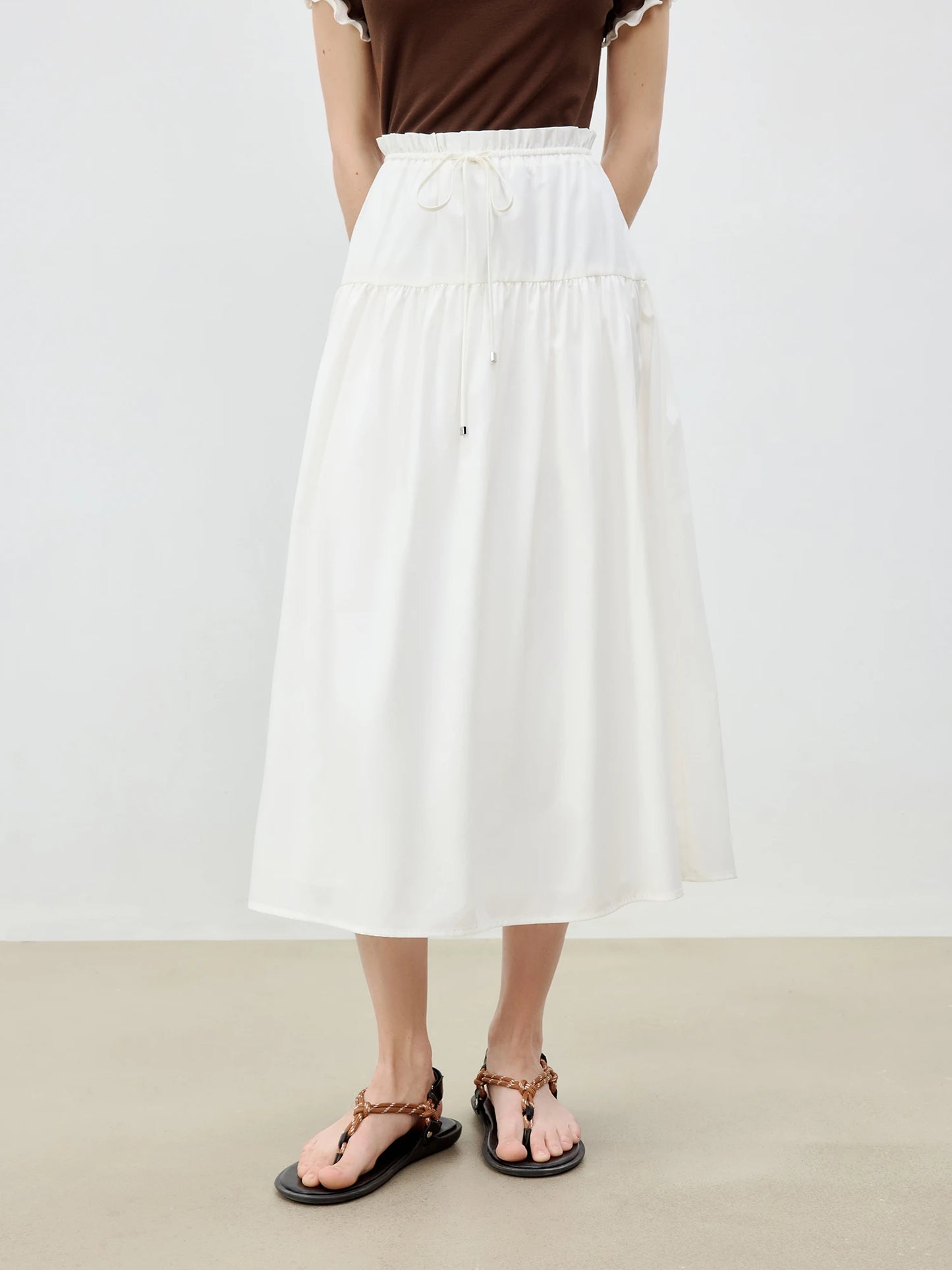 Gathered Drawstring A-Line Midi Skirt