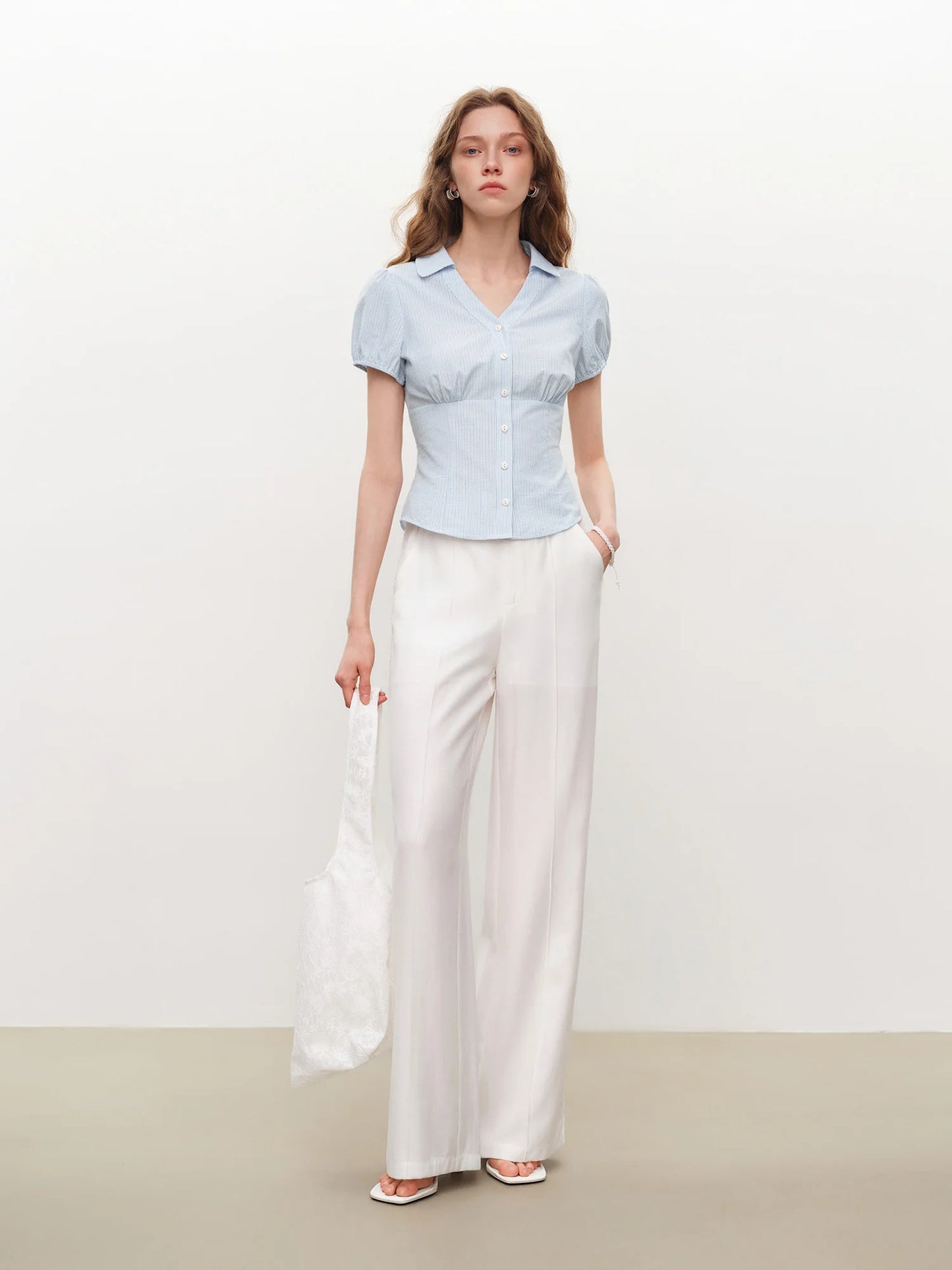 Pale Blue Puff Sleeve Button Shirt