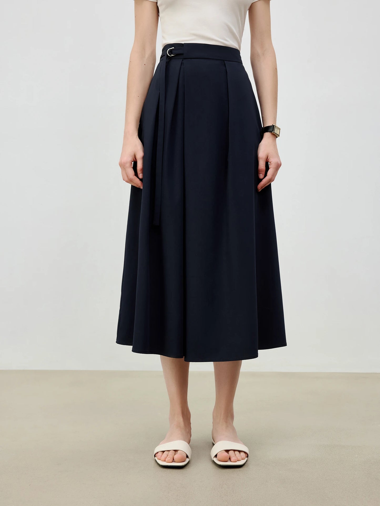 Navy Belted Pleated Maxi Skirt