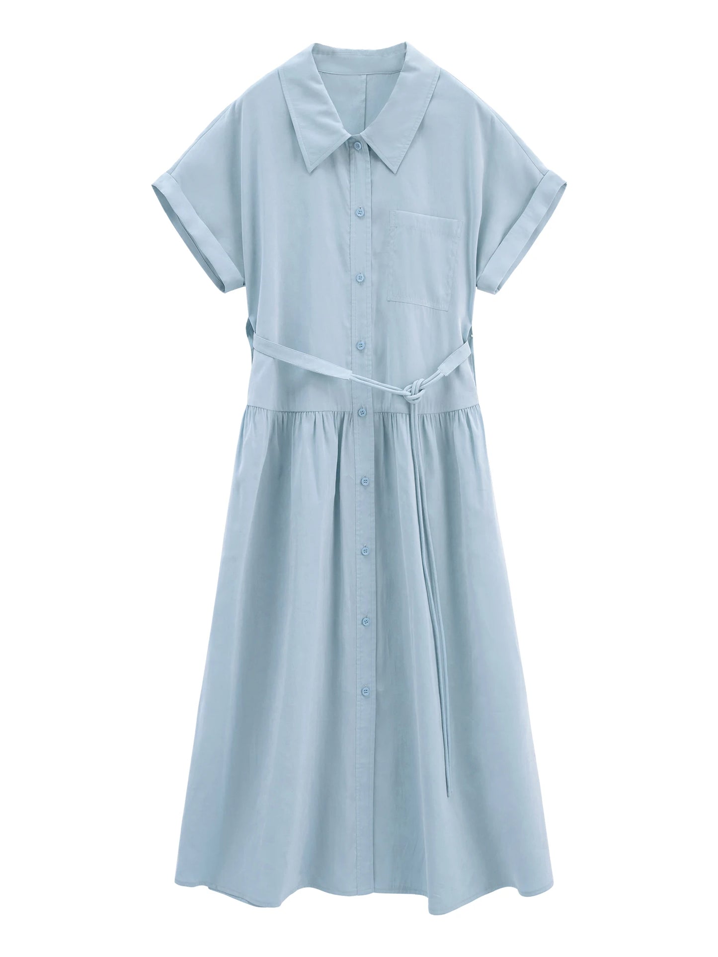 Blue Belted Shirt Midi Dress