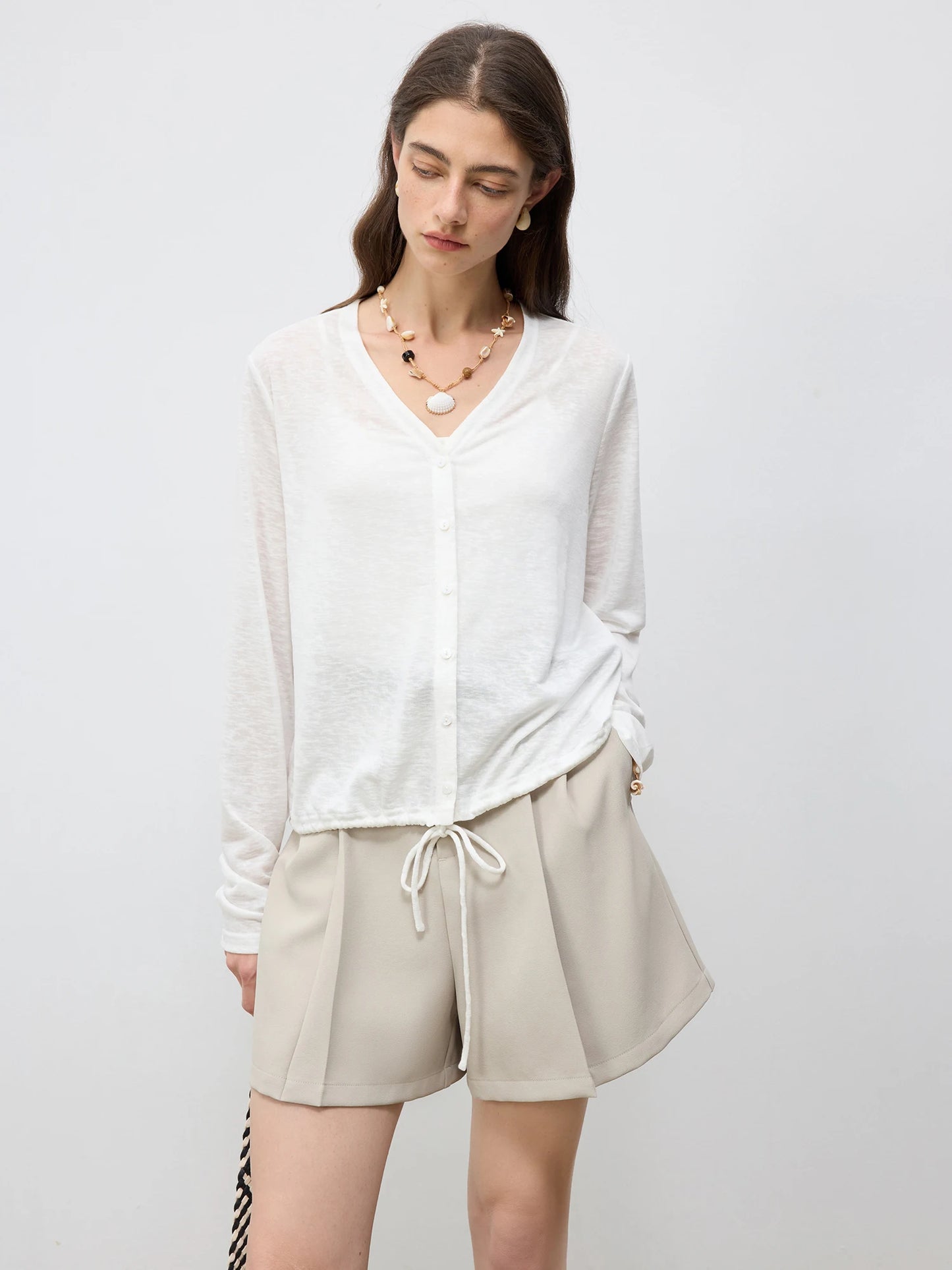 Blue Drawstring Hem Knit Cardigan