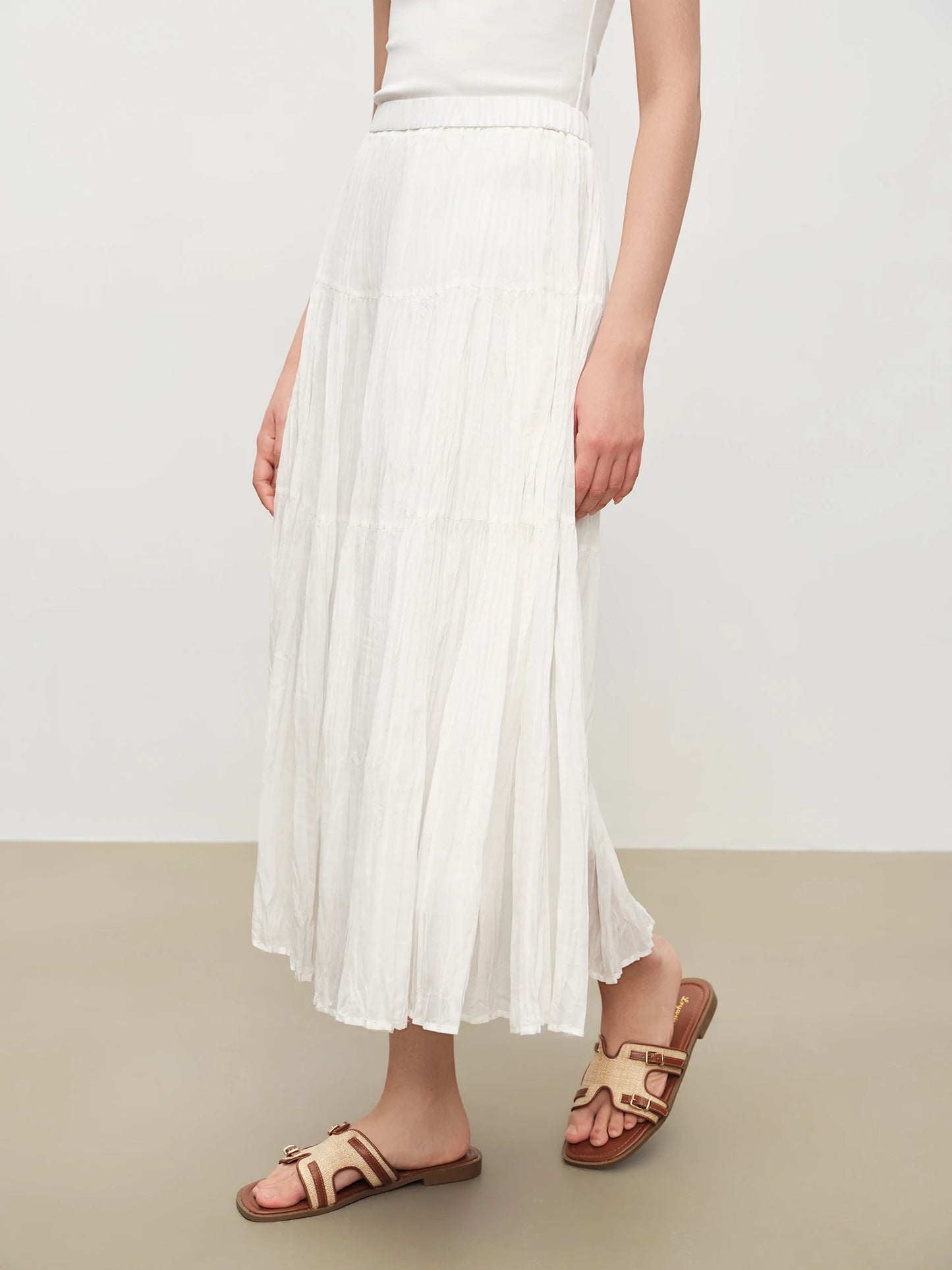 White Crinkled Tiered Maxi Skirt