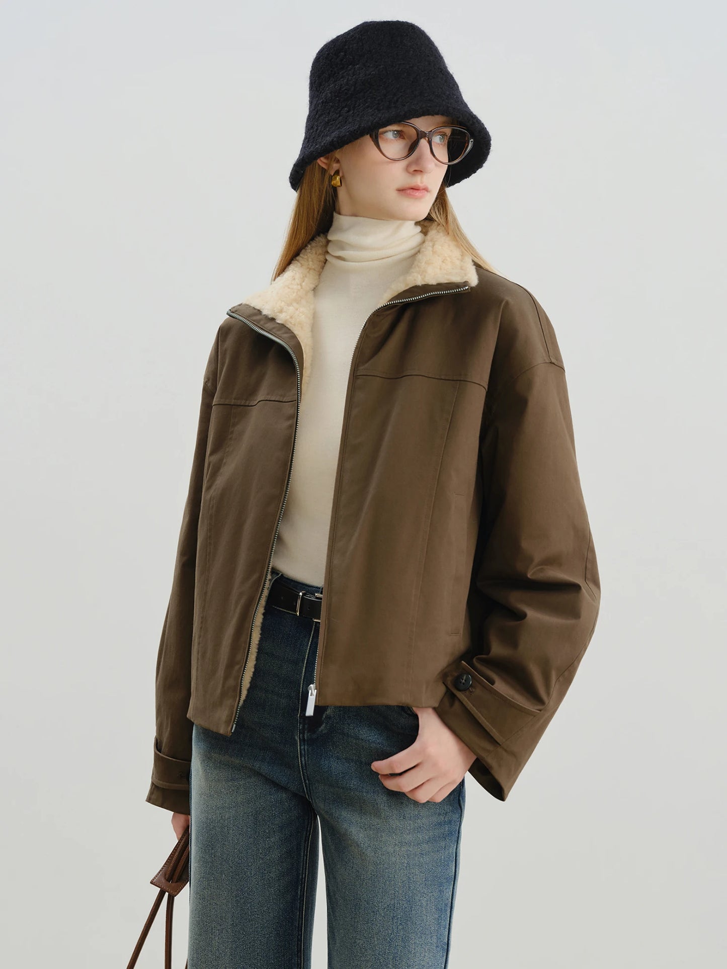 Brown Shearling Collar Zip Jacket