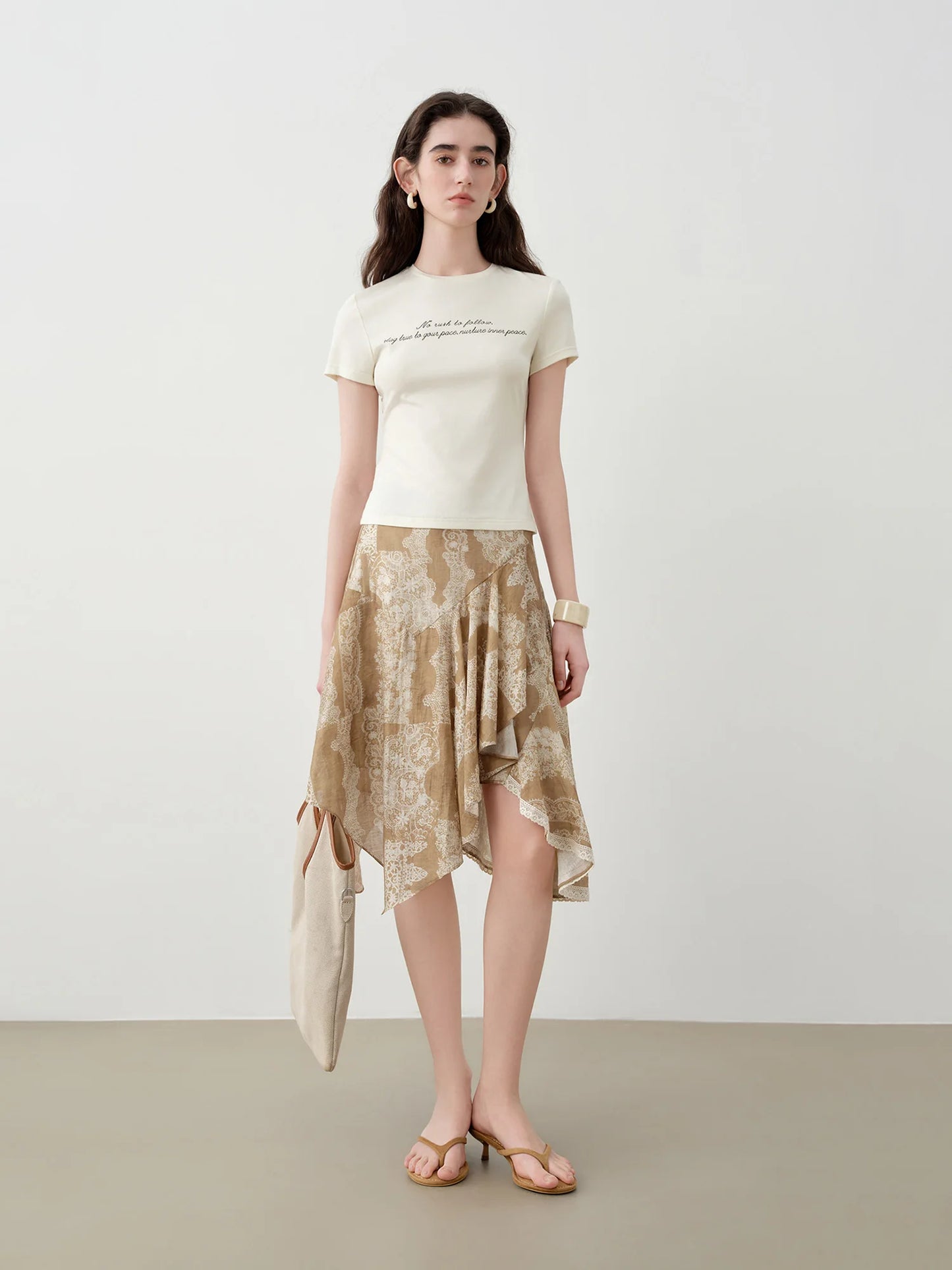 Tan Lace Print Asymmetric Skirt