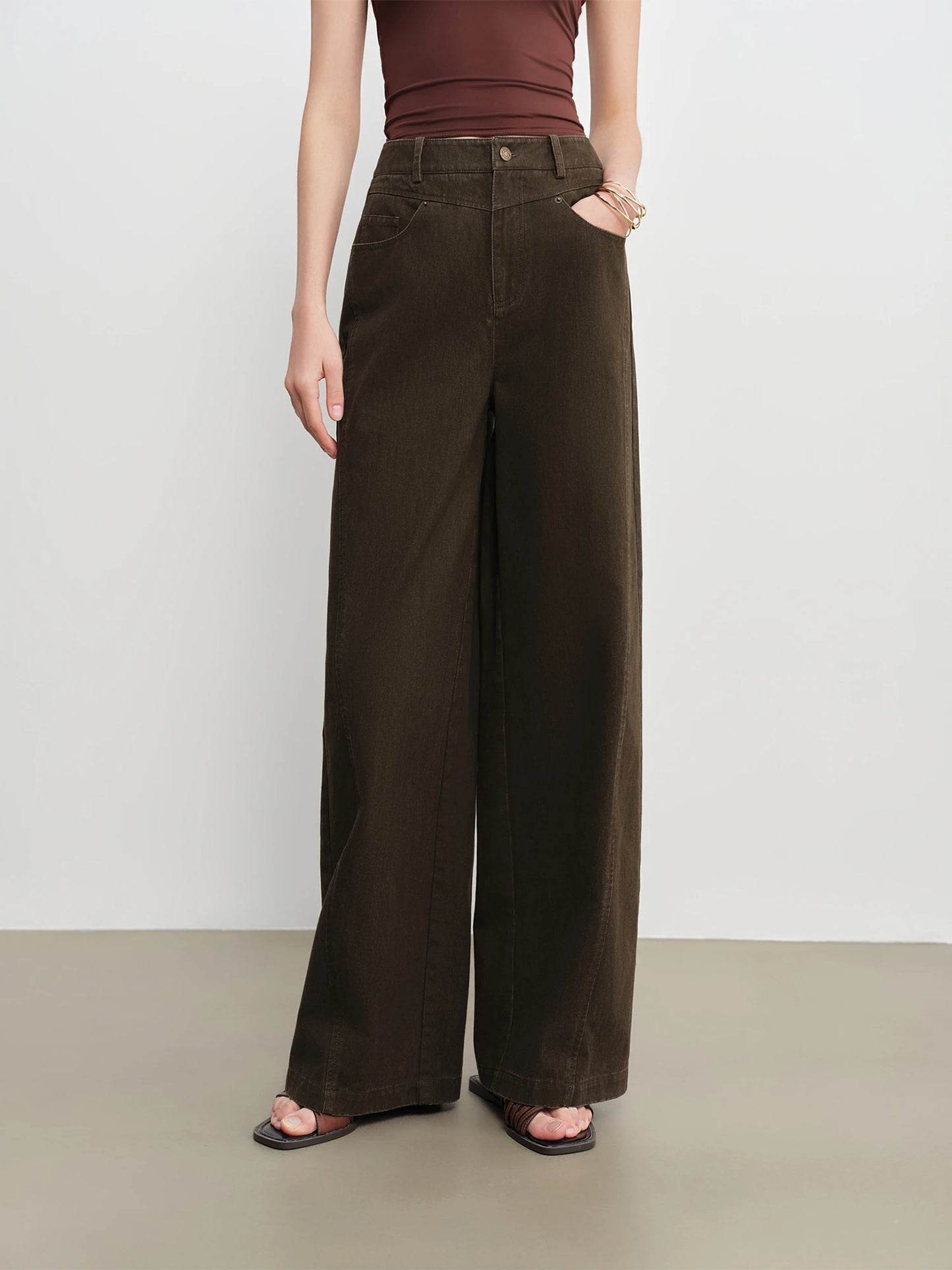Brown Denim Wide Leg Pants