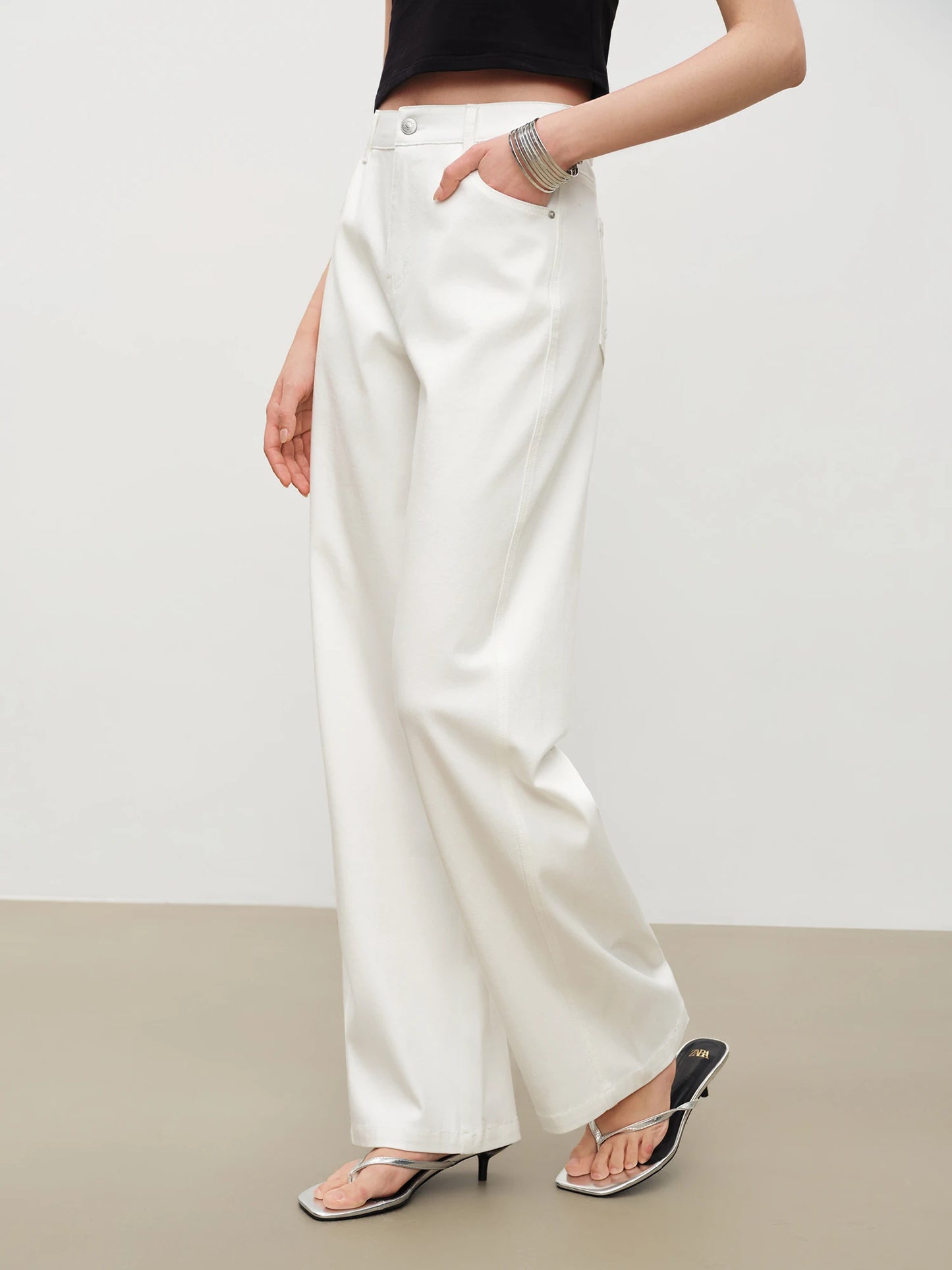 Ivory Textured Straight Leg Pants
