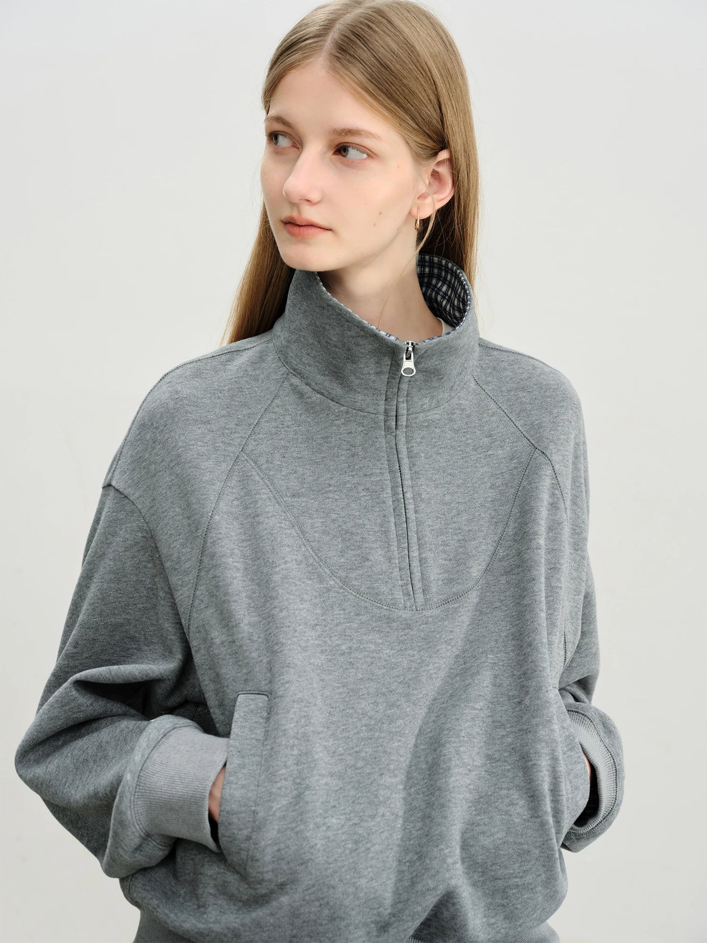 Ivory Plaid Collar Zip Sweatshirt