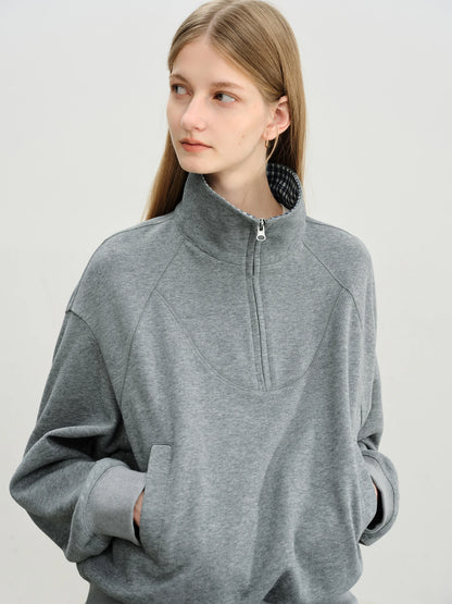 Ivory Plaid Collar Zip Sweatshirt