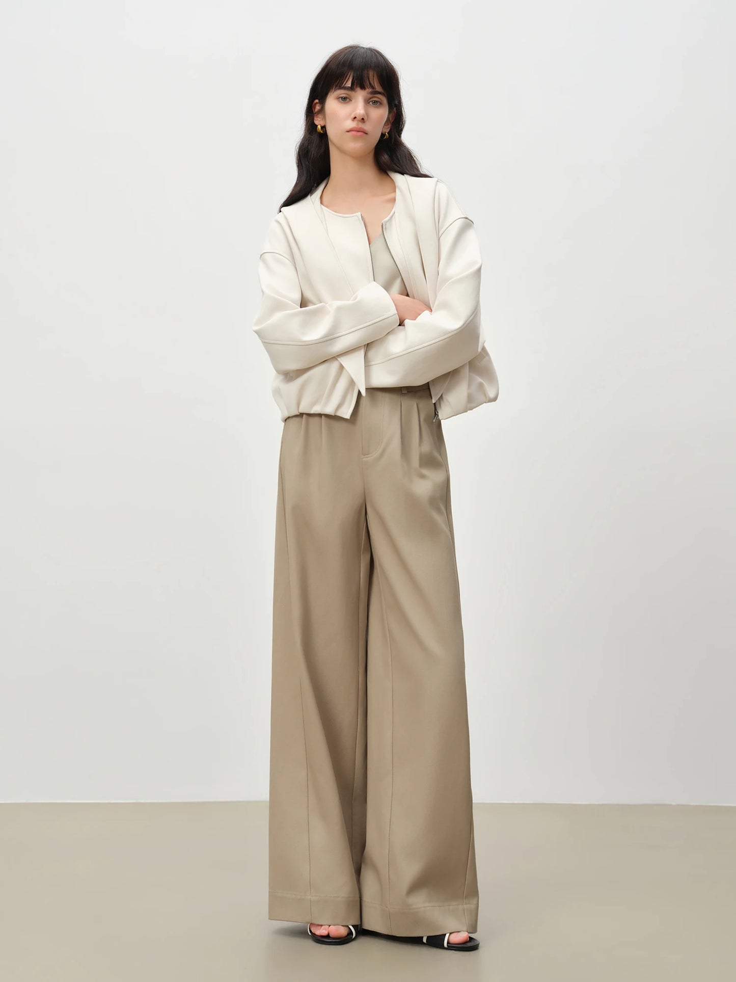 Khaki Pleated Wide Leg Trousers