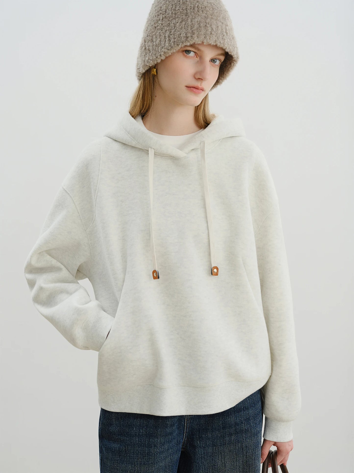 Beige Drawstring Pullover Hoodie