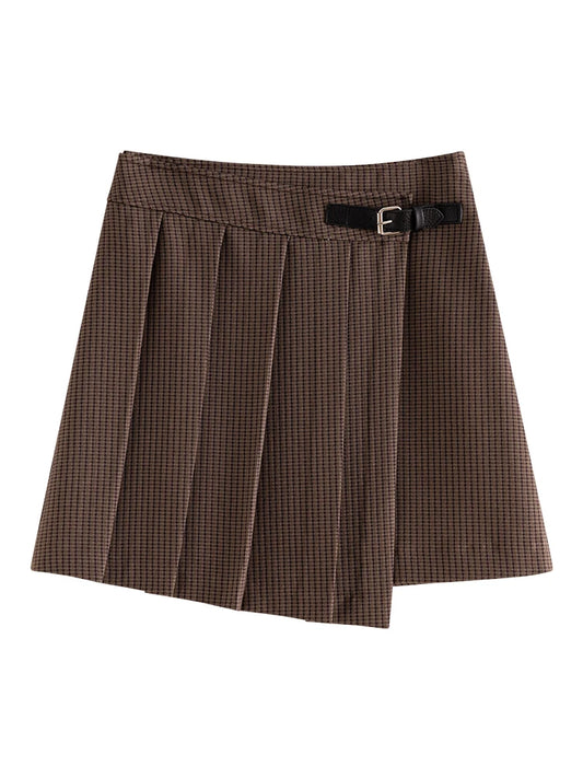 Brown Plaid Buckle Mini Skirt