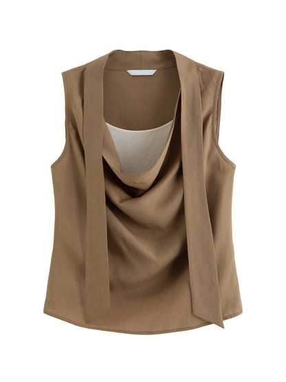 Taupe Cowl Neck Sleeveless Blouse