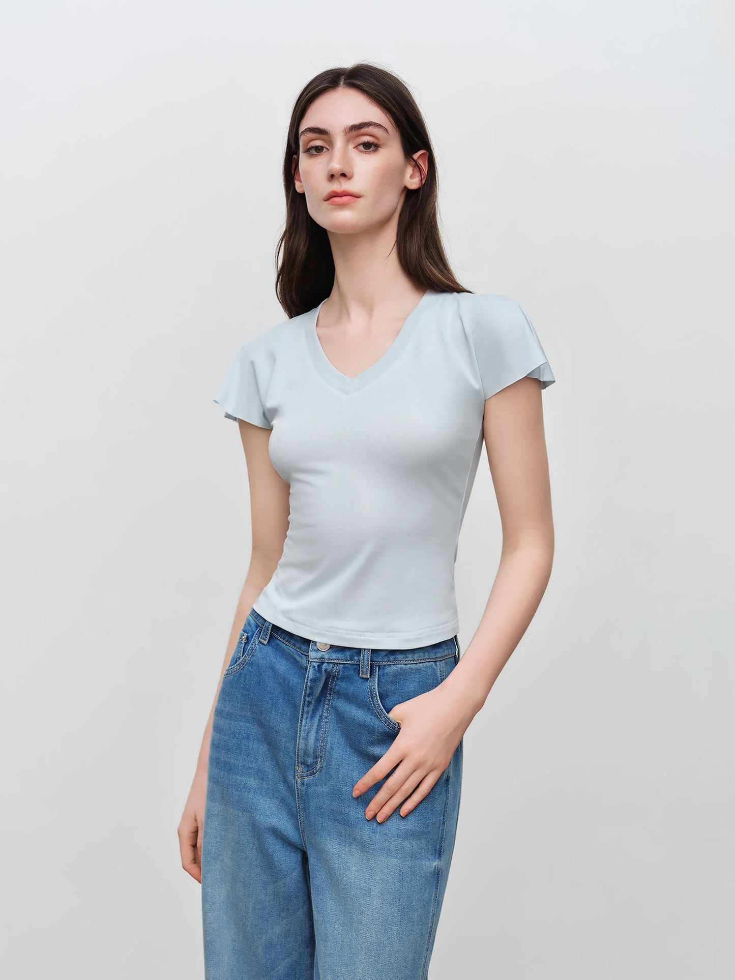 Pale Blue V-Neck Ruffle Tee