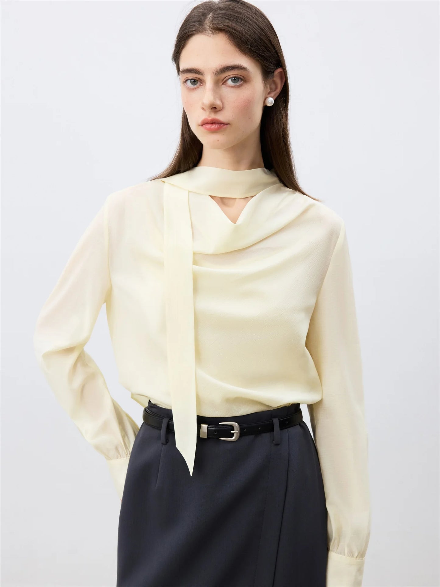 Ivory Draped Tie Neck Blouse