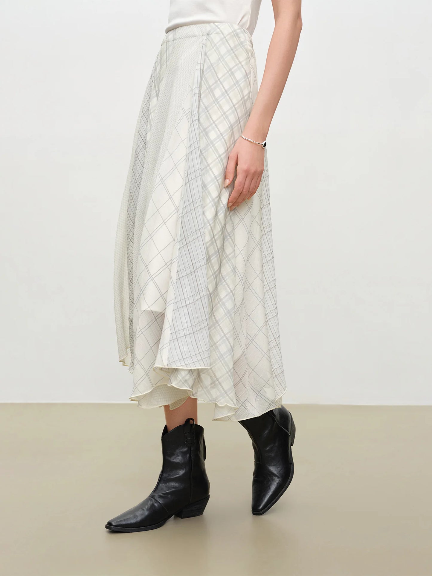 Plaid Chiffon Panel Maxi Skirt