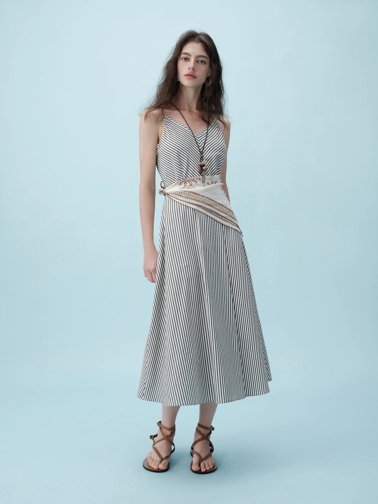 Striped Slim Strap Midi Dress
