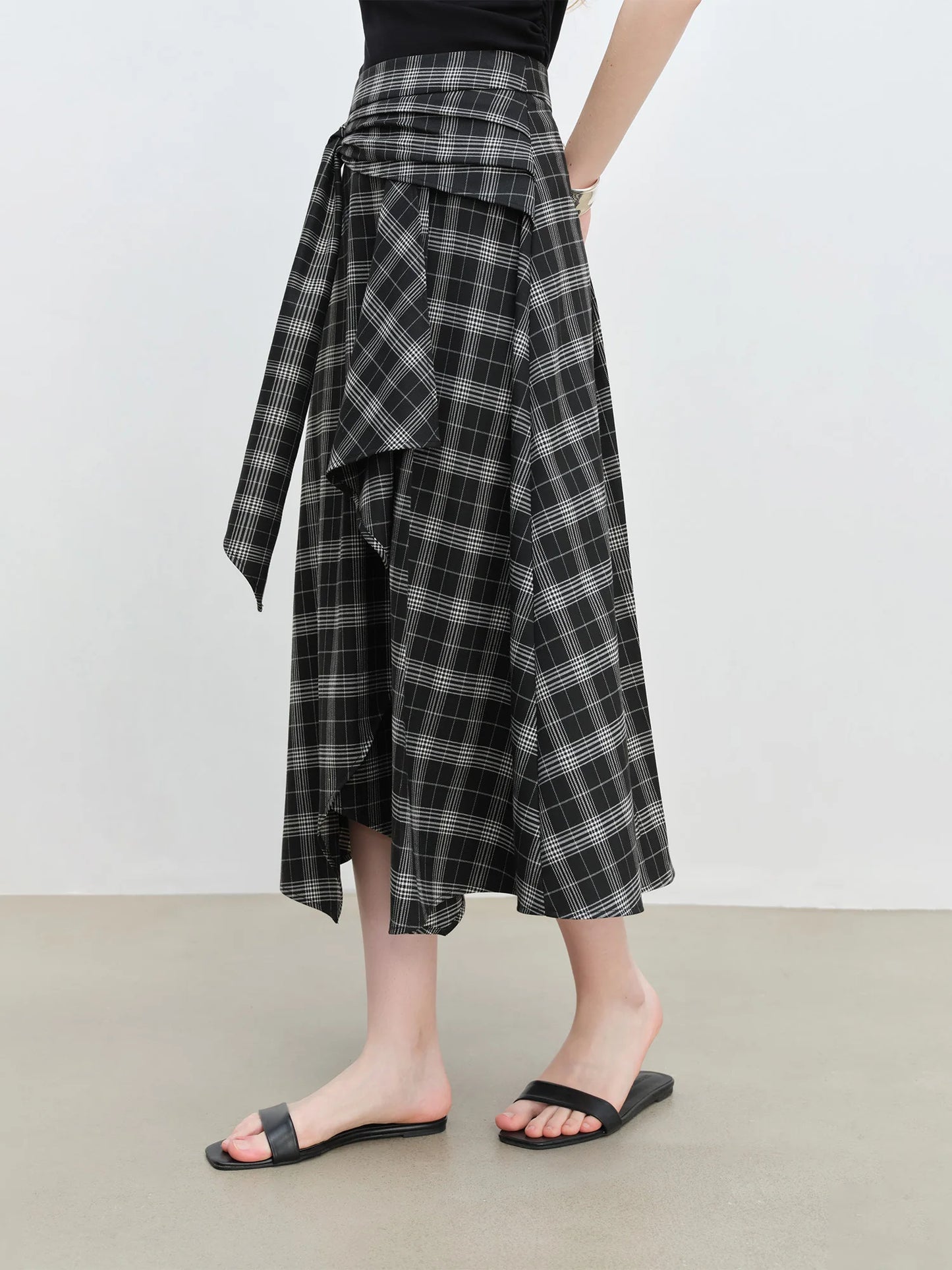 Plaid Asymmetric Draped Midi Skirt