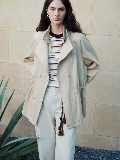 Beige Cinched Waist Utility Jacket