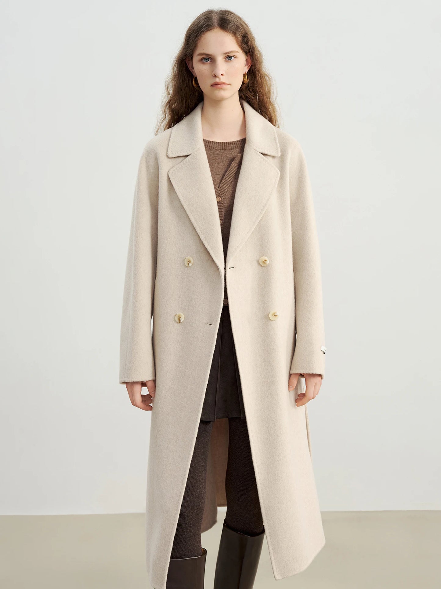 Ivory Belted Lapel Wool Coat