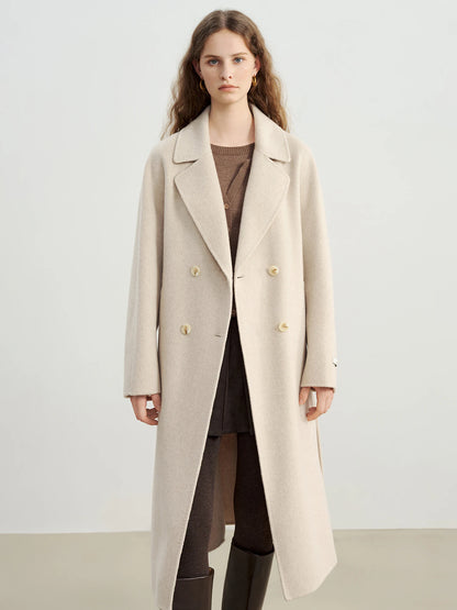 Ivory Belted Lapel Wool Coat