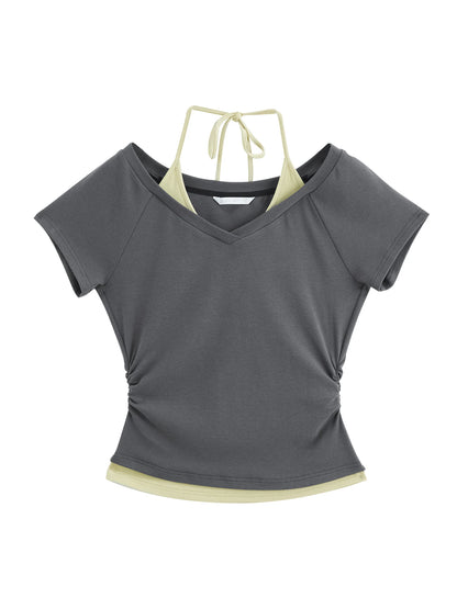 Gray Striped Halter Layered Tee