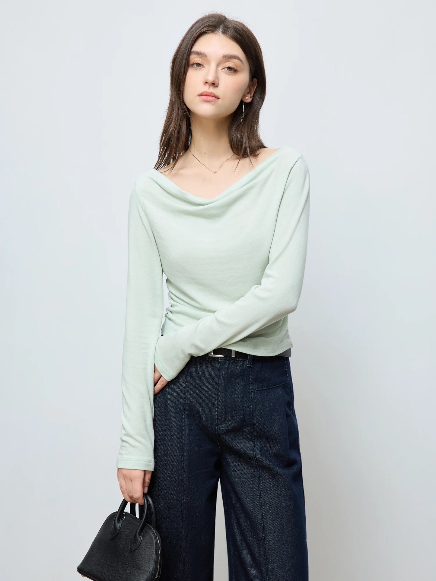 Black Wool Blend Long Sleeve Top