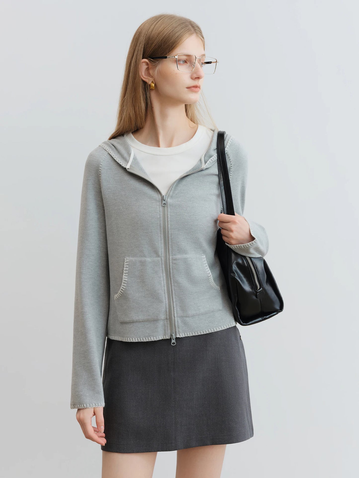 Olive Contrast Stitch Zip Hoodie