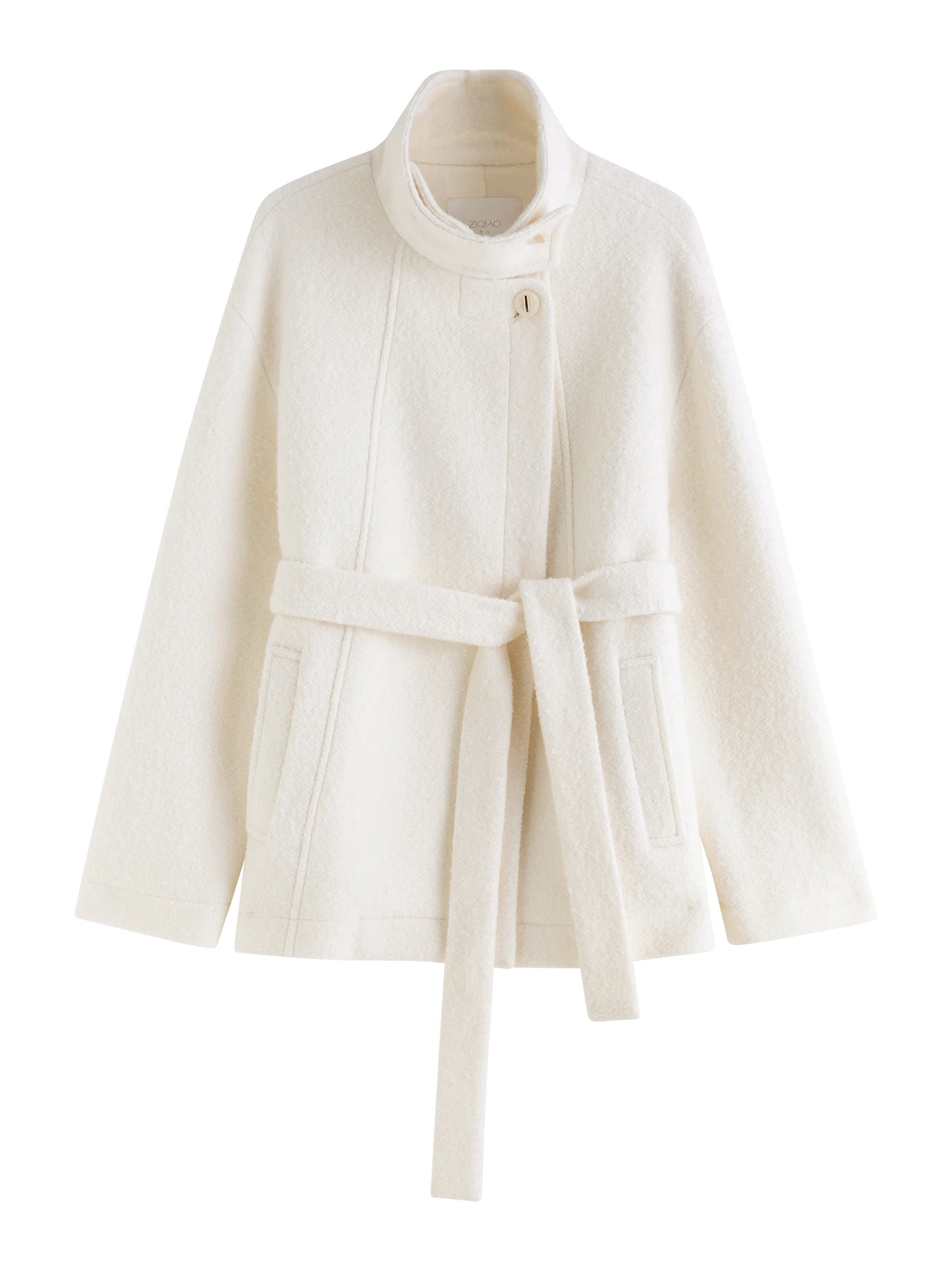 Ivory Belted Stand Collar Coat