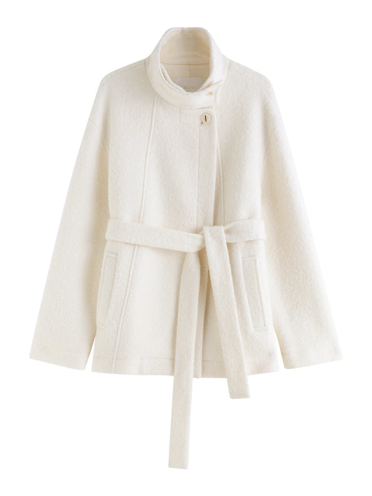 Ivory Belted Stand Collar Coat